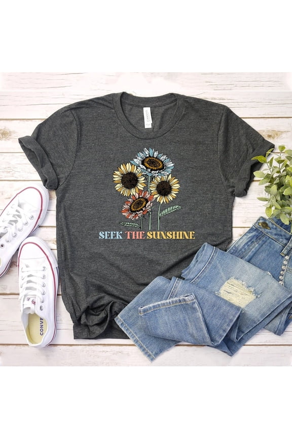 Seek The Sunshine T-Shirt, Happy Sunflower Shirt, Motivational Tee, Rainbow , Summer Tee, Boho Hippie Shirt, Positivity Tee, Women'S Top Tshirt All Size S-5XL