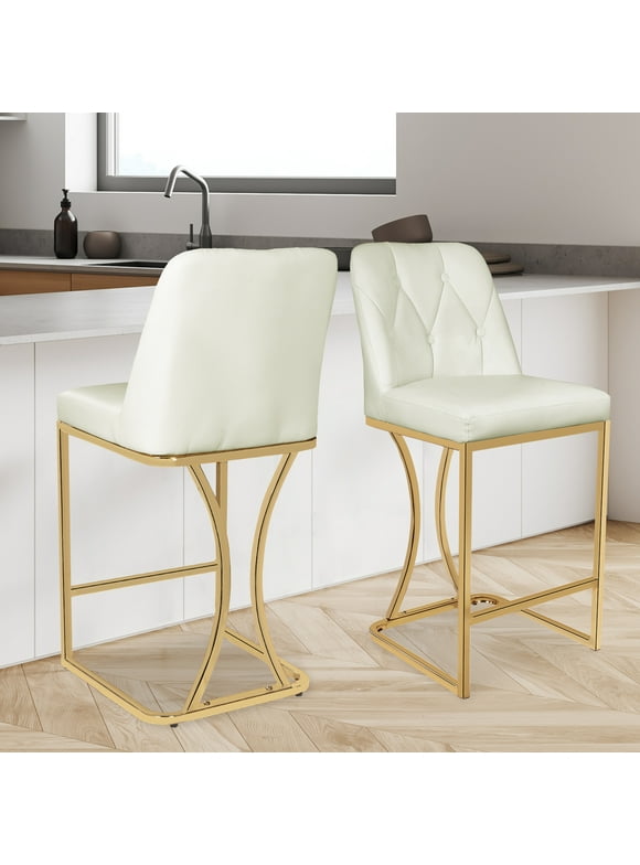 SeekFancy 24" Counter Height Bar Stools Set of 2, PU Leather Counter Stool Chairs with Full Back for Kitchen Island, Beige & Gold
