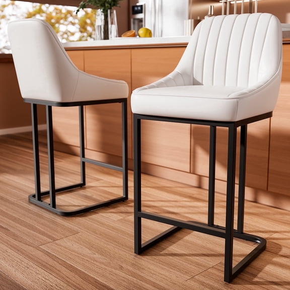 Ninecer Bar Stools Set of 2, White PU Leather 24inch Counter Height Stools Upholstered Bucket Seat with Metal Legs, Kitchen Island Counter Chairs for Dining Room 300lbs