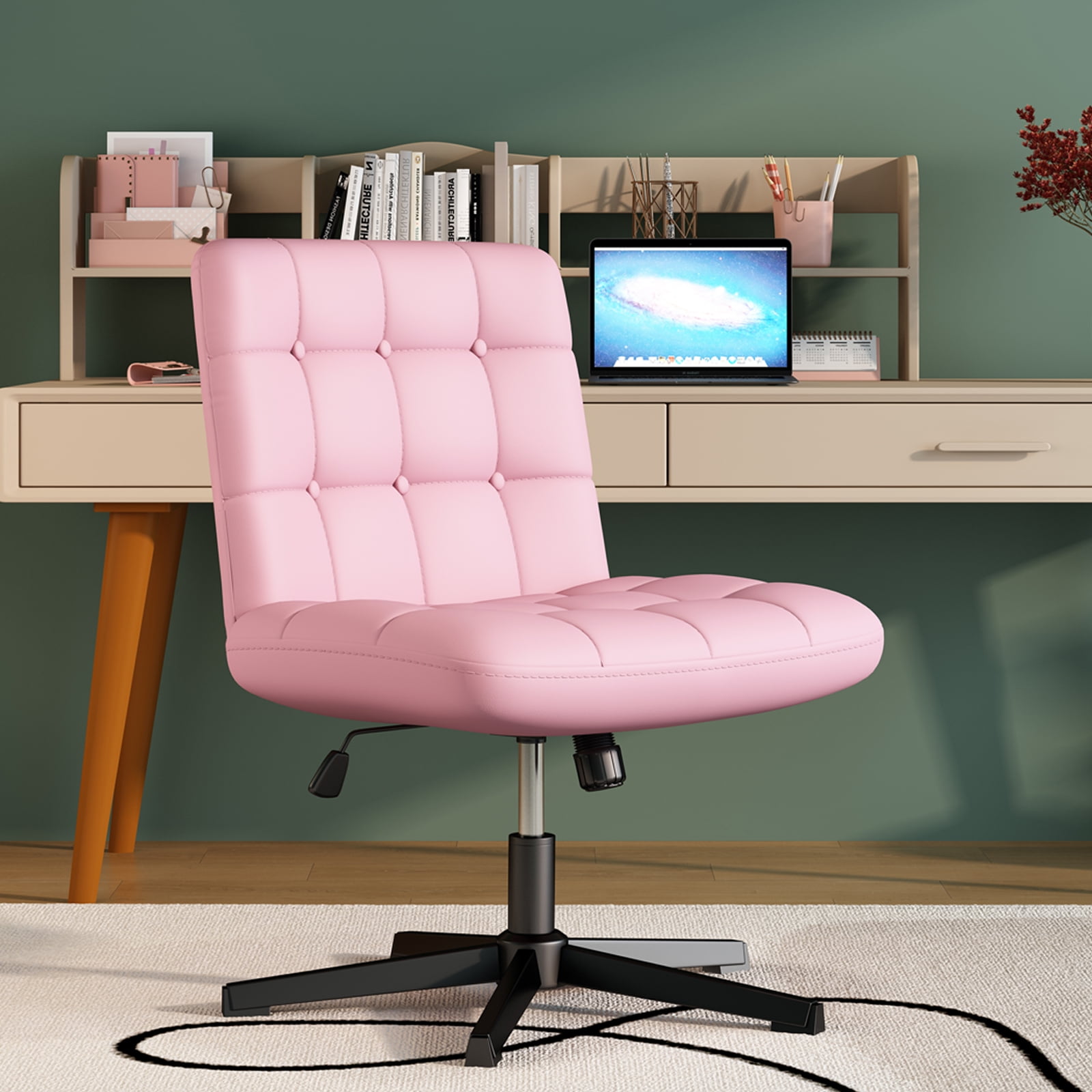 SeekFancy Criss Cross Legged Office Chair, Pu Leather Armless Desk Chair No Wheels, Wide Seat