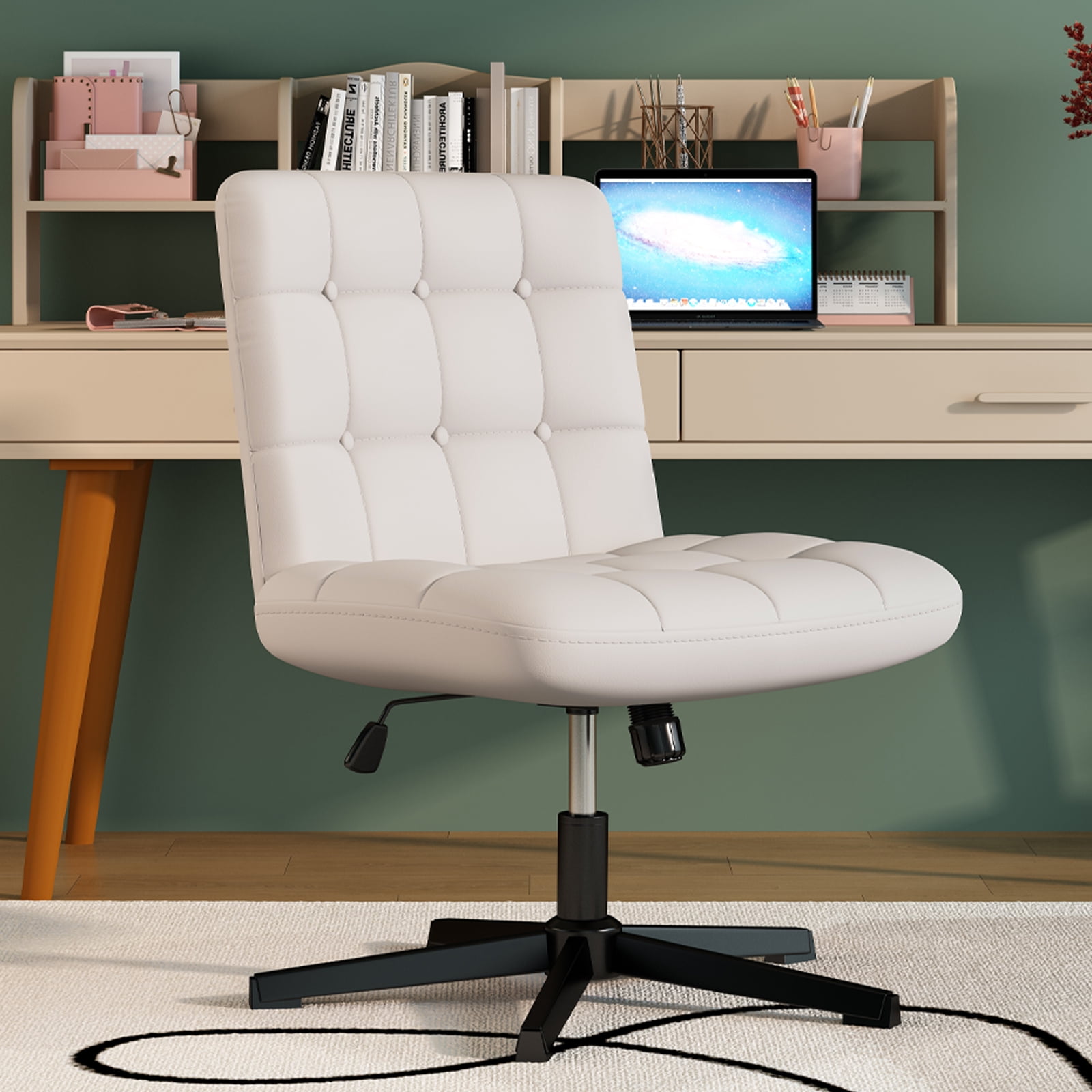 SeekFancy Criss Cross Legged Office Chair, Pu Leather Armless Desk Chair No Wheels, Wide Seat