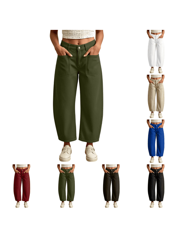 Women's Barrel Leg Pants High Waisted Patch Pocket Pants with Cropped Fit