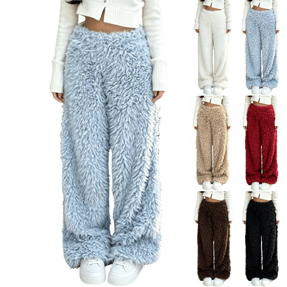 SeekIslan Women's Fuzzy Wide Leg Pants Plush Fleece Lounge Pants with Elastic Waist for Winter Cozy Wear