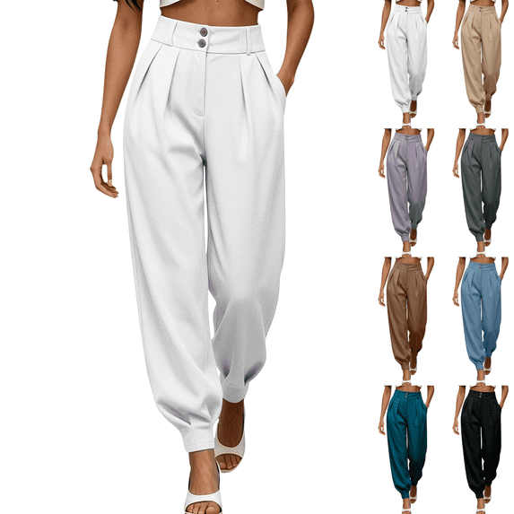 SeekIslan Women's High Waisted Jogger Pants with Button Front Pleated Tapered Pants for Work Casual