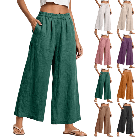 SeekIslan Women's Linen Wide Leg Pants High Waisted Cropped Pants with Pockets for Summer Beach Vacation