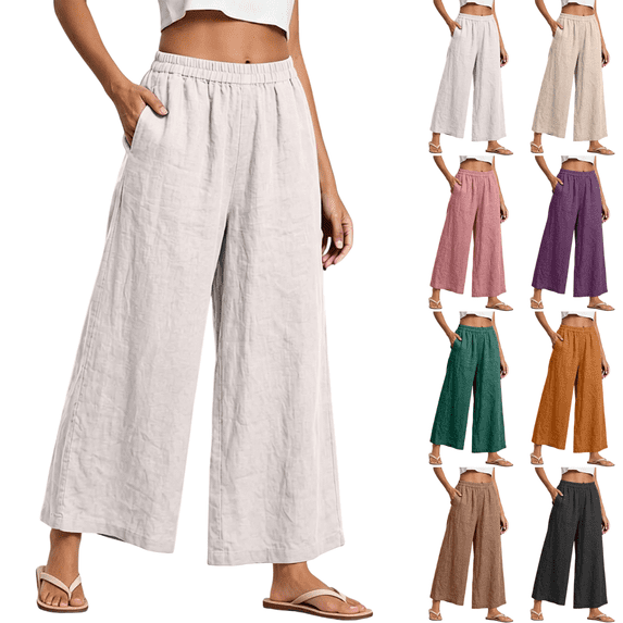 SeekIslan Women's Linen Wide Leg Pants High Waisted Cropped Pants with Pockets for Summer Beach Vacation