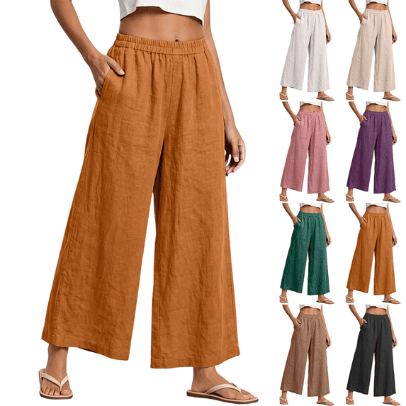 SeekIslan Women's Linen Wide Leg Pants High Waisted Cropped Pants with Pockets for Summer Beach Vacation