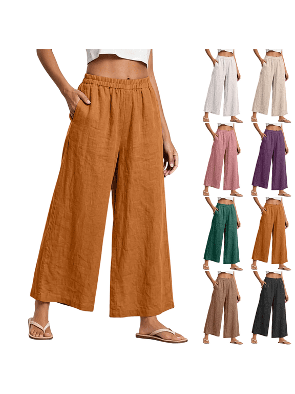 Women's Linen Wide Leg Pants High Waisted Cropped Pants with Pockets for Summer Beach Vacation