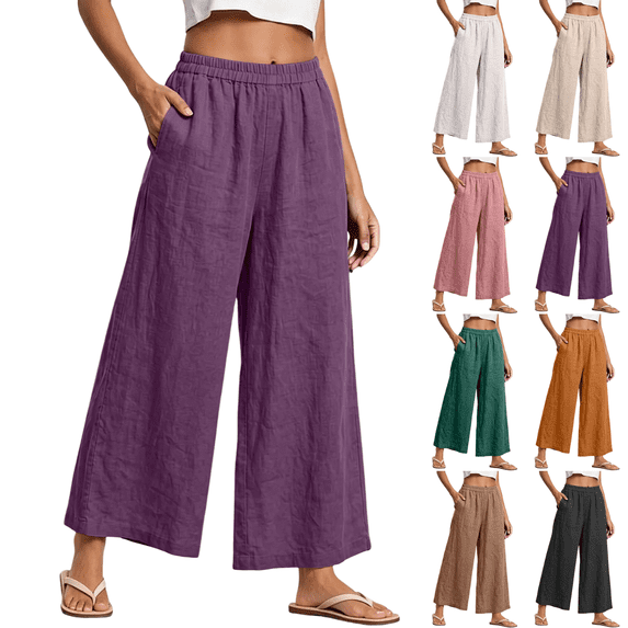 SeekIslan Women's Linen Wide Leg Pants High Waisted Cropped Pants with Pockets for Summer Beach Vacation