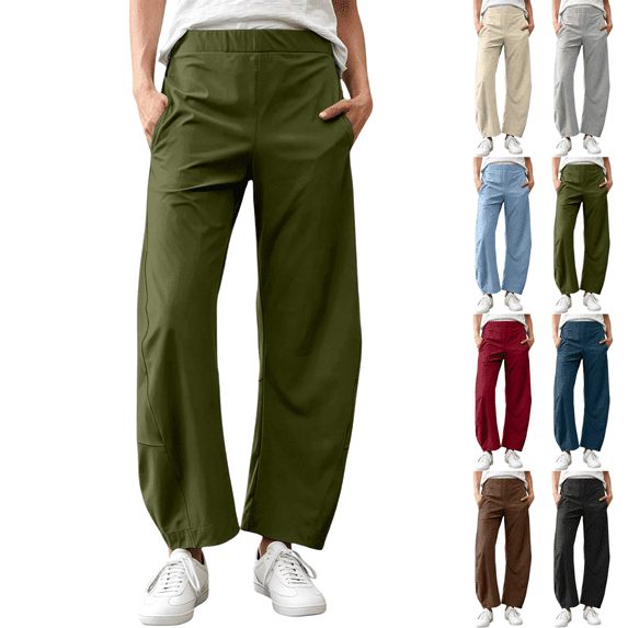 SeekIslan Women's Pull On Wide Leg Pants High Waisted Straight Pants with Pockets for Casual Daily Wear