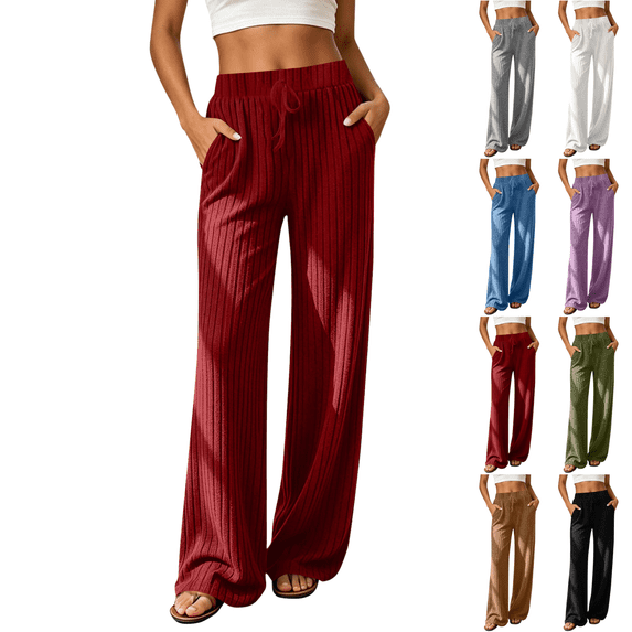 SeekIslan Women's Ribbed Wide Leg Pants High Waist Drawstring Knit Pants with Pockets for Summer Lounge
