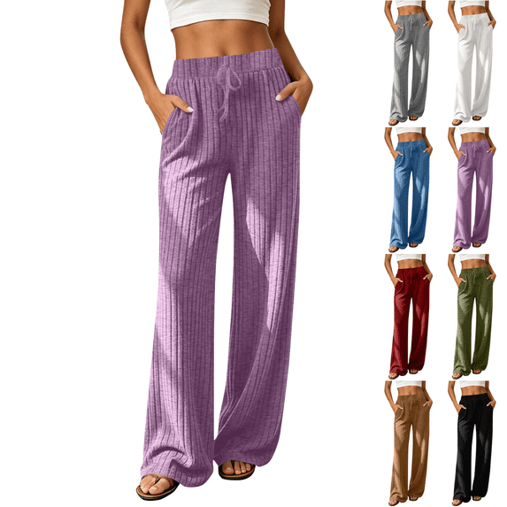 SeekIslan Women's Ribbed Wide Leg Pants High Waist Drawstring Knit Pants with Pockets for Summer Lounge