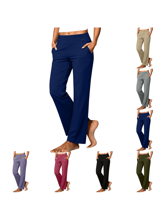 Women's Straight Leg Yoga Pants Pull On High Waist Pants with Decorative Buttons for Lounging