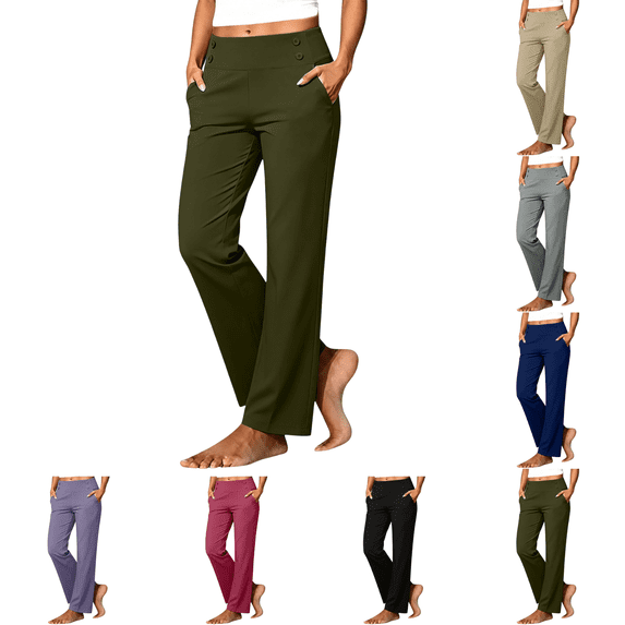 SeekIslan Women's Straight Leg Yoga Pants Pull On High Waist Pants with Decorative Buttons for Lounging