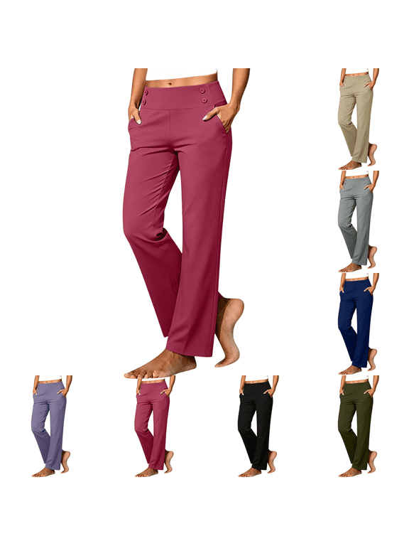 Women's Straight Leg Yoga Pants Pull On High Waist Pants with Decorative Buttons for Lounging