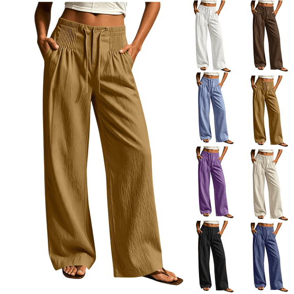 SeekIslan Women's Textured Pull On Pants with Button Detail Straight Leg Bottoms for Casual Daily