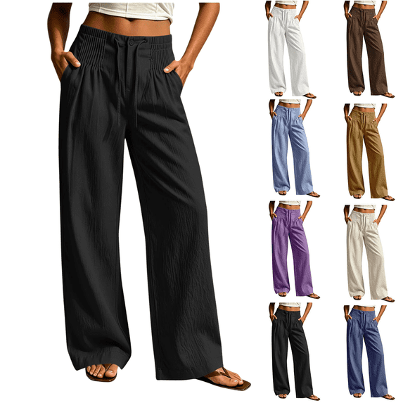 SeekIslan Women's Textured Pull On Pants with Button Detail Straight Leg Bottoms for Casual Daily