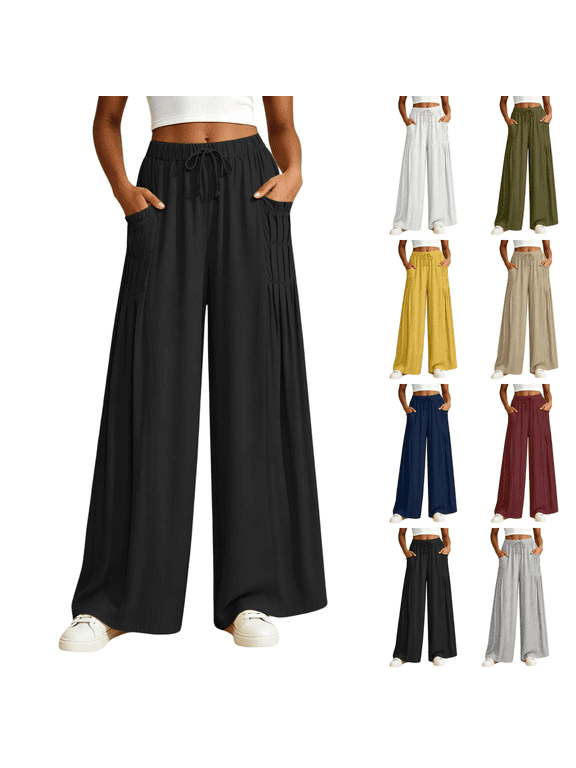 Women's Wide Leg Palazzo Pants with Drawstring Waist Flowy Pants for Summer Beach Vacation