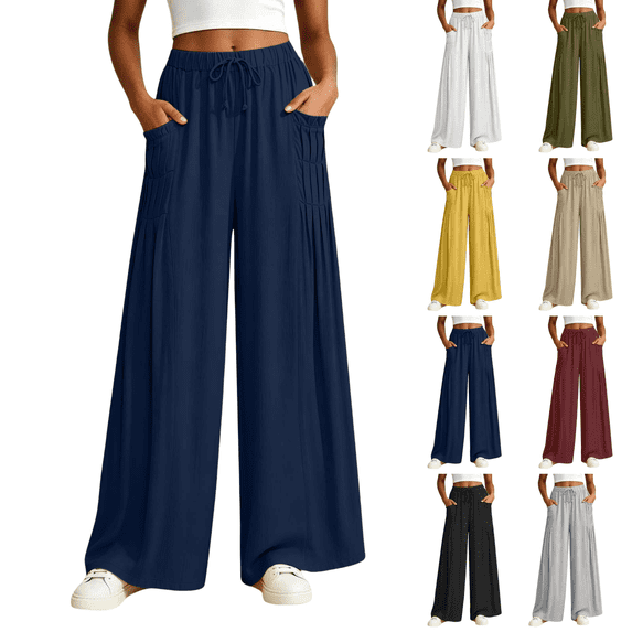 SeekIslan Women's Wide Leg Palazzo Pants with Drawstring Waist Flowy Pants for Summer Beach Vacation