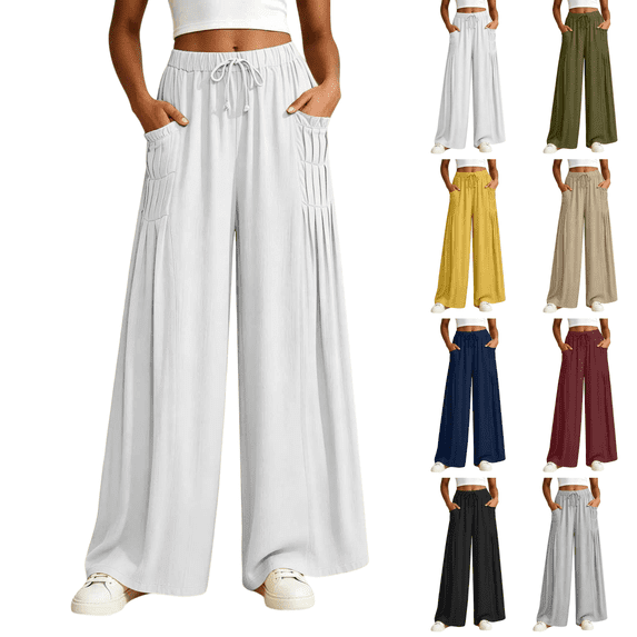 SeekIslan Women's Wide Leg Palazzo Pants with Drawstring Waist Flowy Pants for Summer Beach Vacation