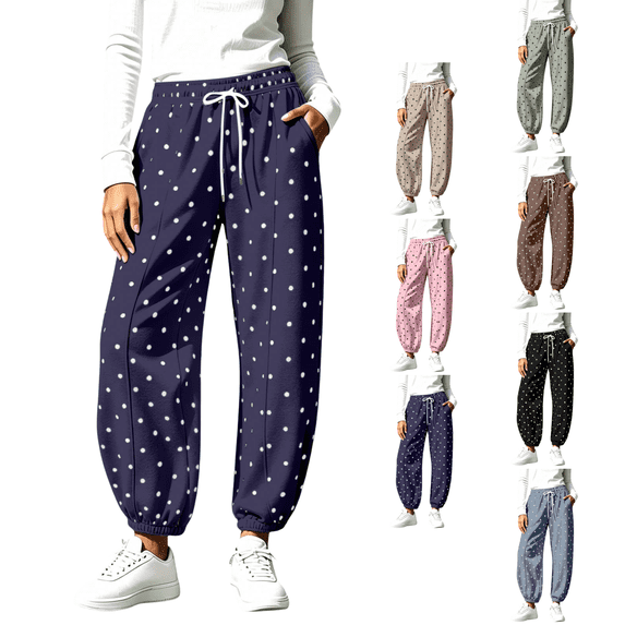SeekIslan Women Polka Dot Wide Leg Baggy Lounge High Waist Drawstring Joggers Pant Comfy Trousers with Pockets