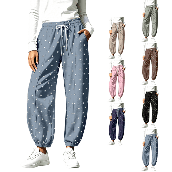 SeekIslan Women Polka Dot Wide Leg Baggy Lounge High Waist Drawstring Joggers Pant Comfy Trousers with Pockets