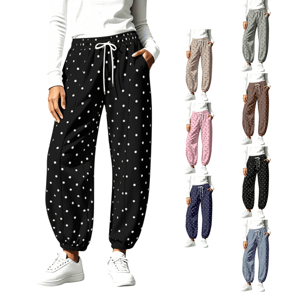 SeekIslan Women Polka Dot Wide Leg Baggy Lounge High Waist Drawstring Joggers Pant Comfy Trousers with Pockets