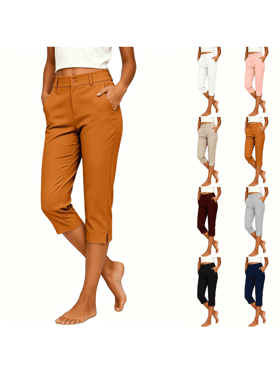 Women's Button Front Capri Pants with Pockets and Slit Hem for Work Wear