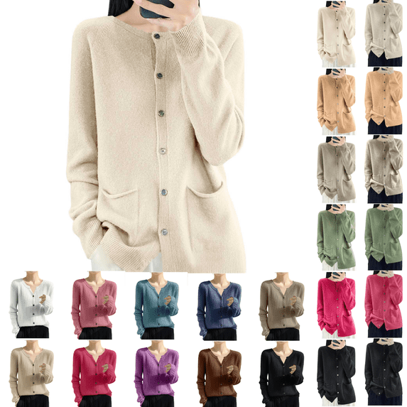 SeekIslan Women's Crew Neck Button Front Cardigan with Pockets