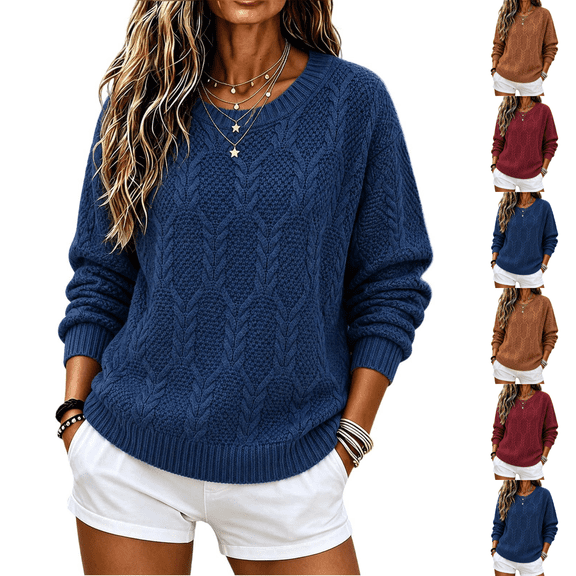 SeekIslan Women's Fall Sweaters with Round Neck Long Sleeve Drop Shoulder Knitted Top