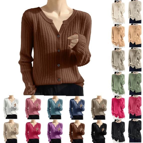 SeekIslan Women's Fall V Neck Button Front Cardigan with Long Sleeves and Ribbed Trim