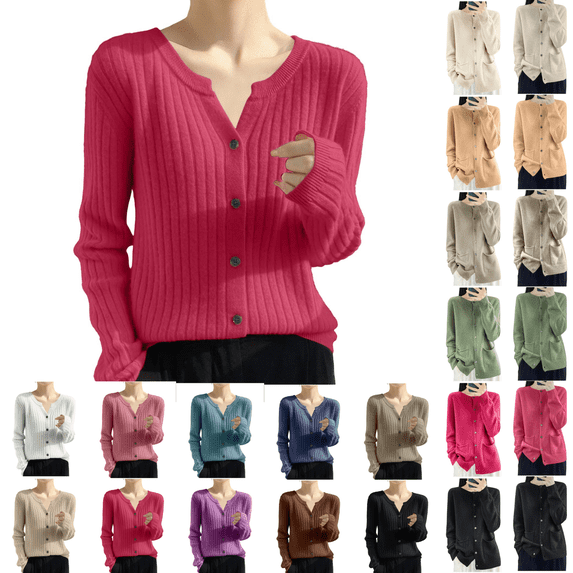 SeekIslan Women's Fall V Neck Button Front Cardigan with Long Sleeves and Ribbed Trim