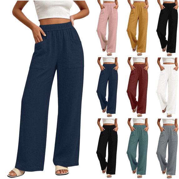 SeekIslan Women's High Waist Straight Leg Pants with Patch Pockets for Casual and Lounge Wear