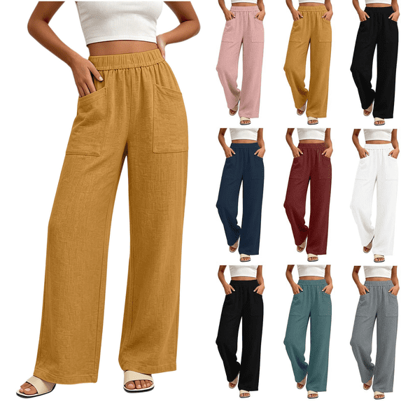 SeekIslan Women's High Waist Straight Leg Pants with Patch Pockets for Casual and Lounge Wear