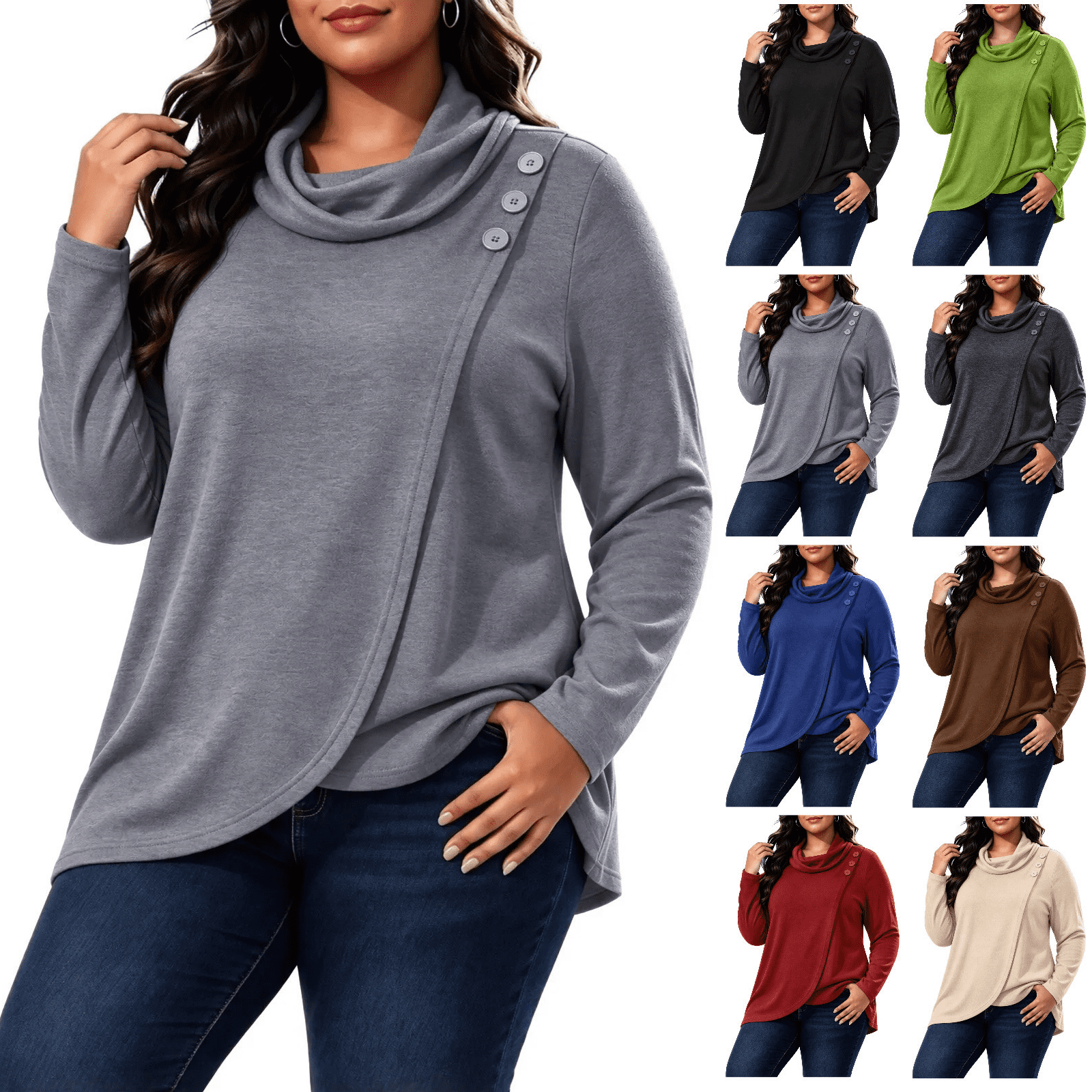 Color Button Toy SeekIslan Women's Knit Top with Solid Color Asymmetric Button and Cowl ...