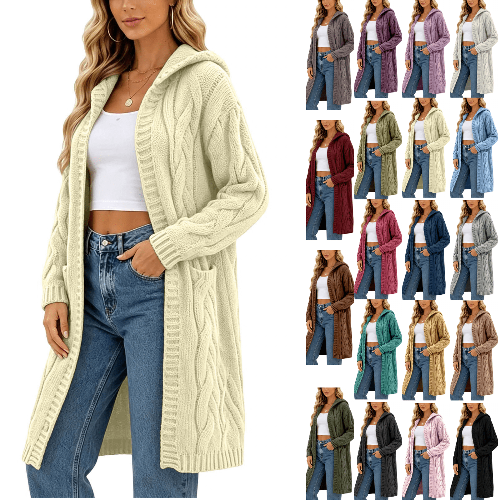 SeekIslan Women's Long Cardigan with Hood Pockets Cable Knit Cardigan ...