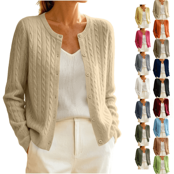 SeekIslan Women's Long Sleeve Cardigan with Button Down Crew Neck Cable Knit Cardigan for Fall Winter