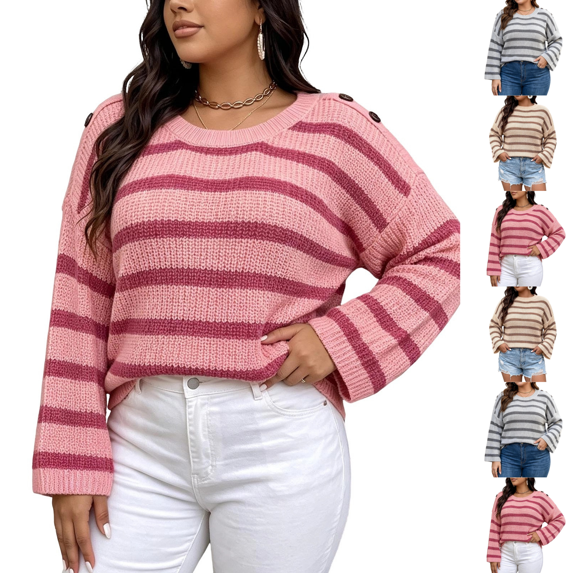 SeekIslan Women's Plus Size Sweaters with Crew Neck Long Sleeve Striped Loose Knit Pullover