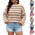 thumbnail image 1 of SeekIslan Women's Plus Size Sweaters with Crew Neck Long Sleeve Striped Loose Knit Pullover, 1 of 8