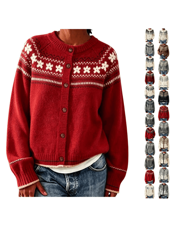 Women's Sweaters Red Fair Isle Pattern Button Down Cardigan