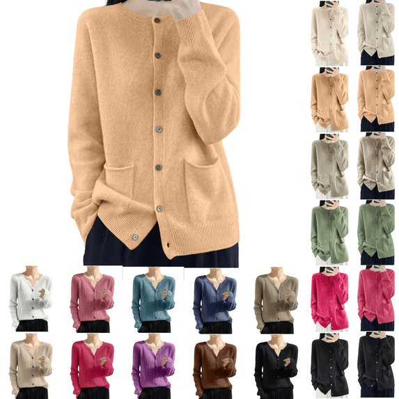 SeekIslan Women's Sweaters with Button Down Crew Neck Long Sleeve Pockets Knit Cardigan