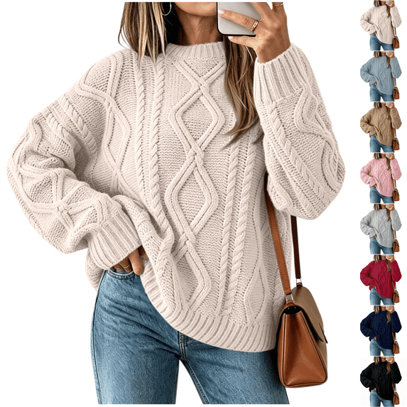 SeekIslan Women's Sweaters with Crew Neck Long Sleeve Cable Knit Loose Pullover