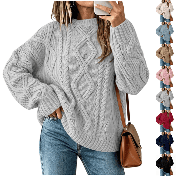 SeekIslan Women's Sweaters with Crew Neck Long Sleeve Cable Knit Loose Pullover