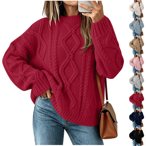 SeekIslan Women's Sweaters with Crew Neck Long Sleeve Cable Knit Loose Pullover