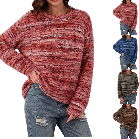 SeekIslan Women's Sweaters with Crew Neck Long Sleeve Striped Fuzzy Knit Pullover