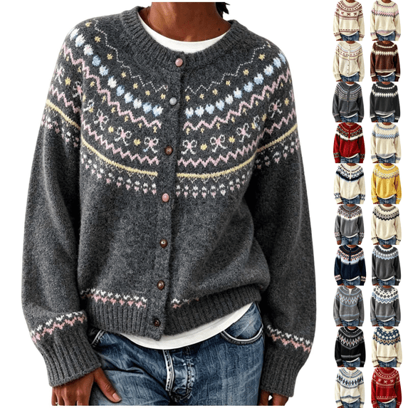 SeekIslan Women's Sweaters with Fair Isle Pattern Button Up Long Sleeve Knit Cardigan