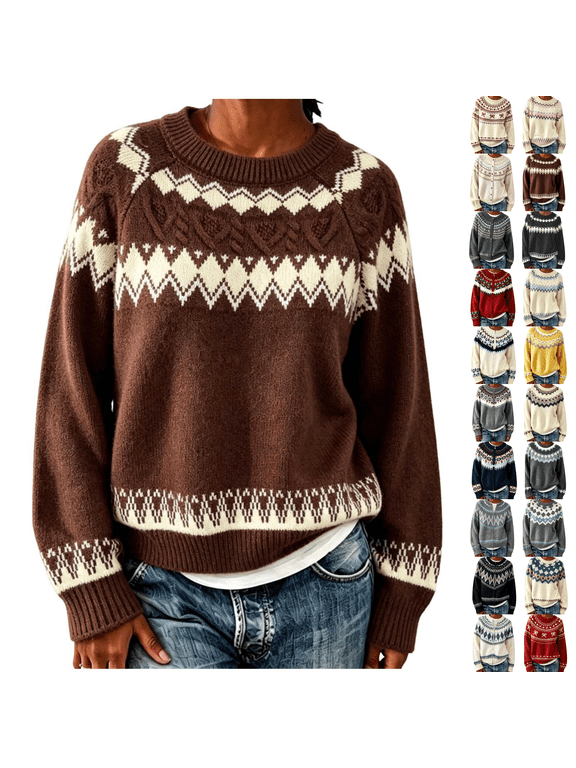 Women's Sweaters with Fair Isle Pattern Crew Neck Long Sleeve Knit Sweaters