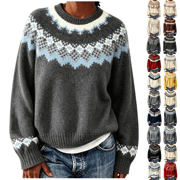SeekIslan Women's Sweaters with Fair Isle Pattern Crew Neck Long Sleeve Knit Sweaters