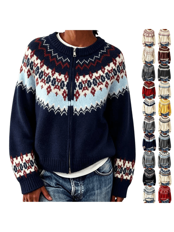 Women's Sweaters with Fair Isle Pattern Zip Up Long Sleeve Knit Cardigan