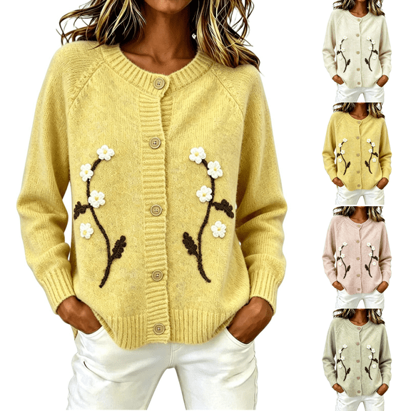 SeekIslan Women's Sweaters with Flower Embroidery Crew Neck Button Down Long Sleeve Cardigan